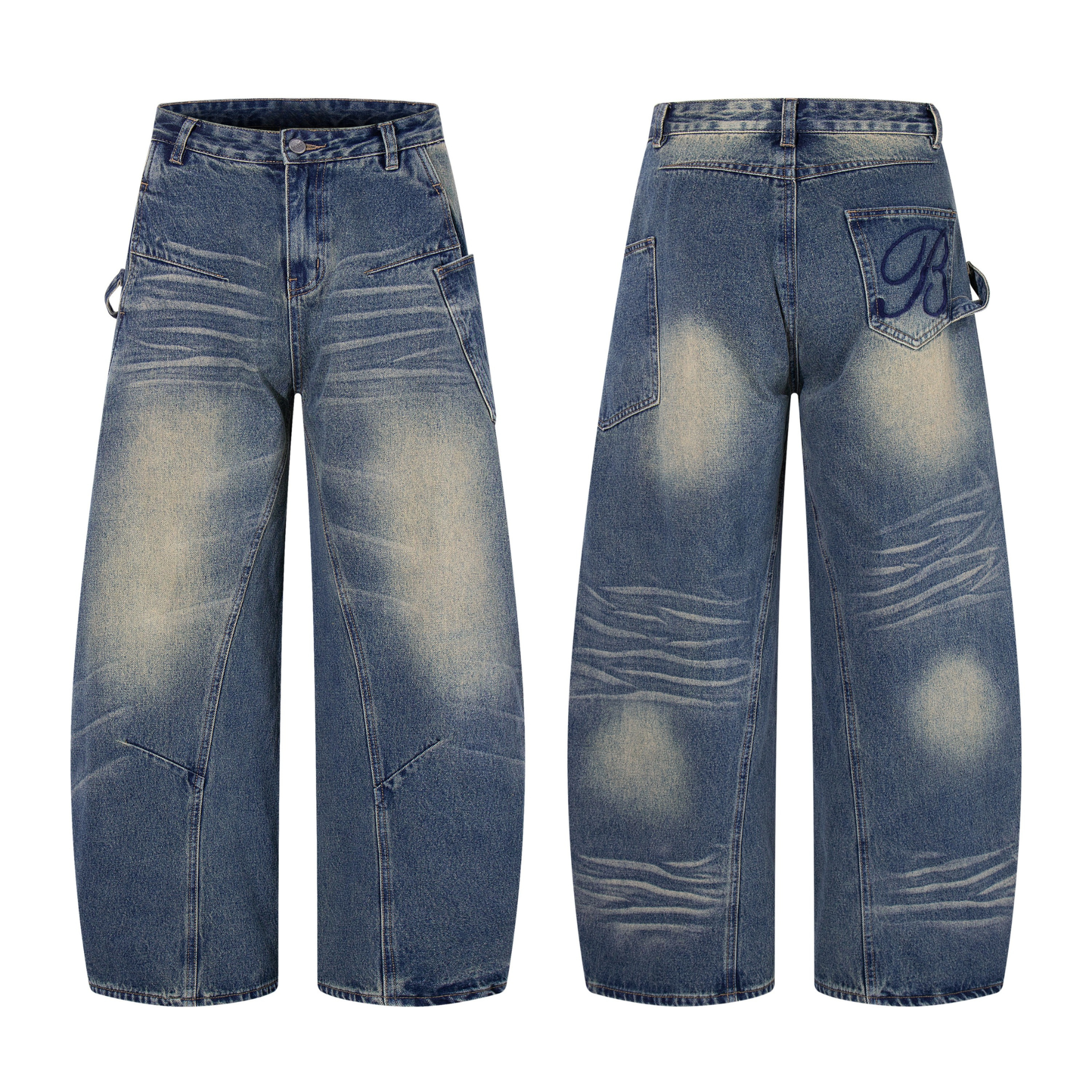 Front and back view of Omirad vintage whisker wide-leg jeans in medium blue with fade wash and curved panel seams