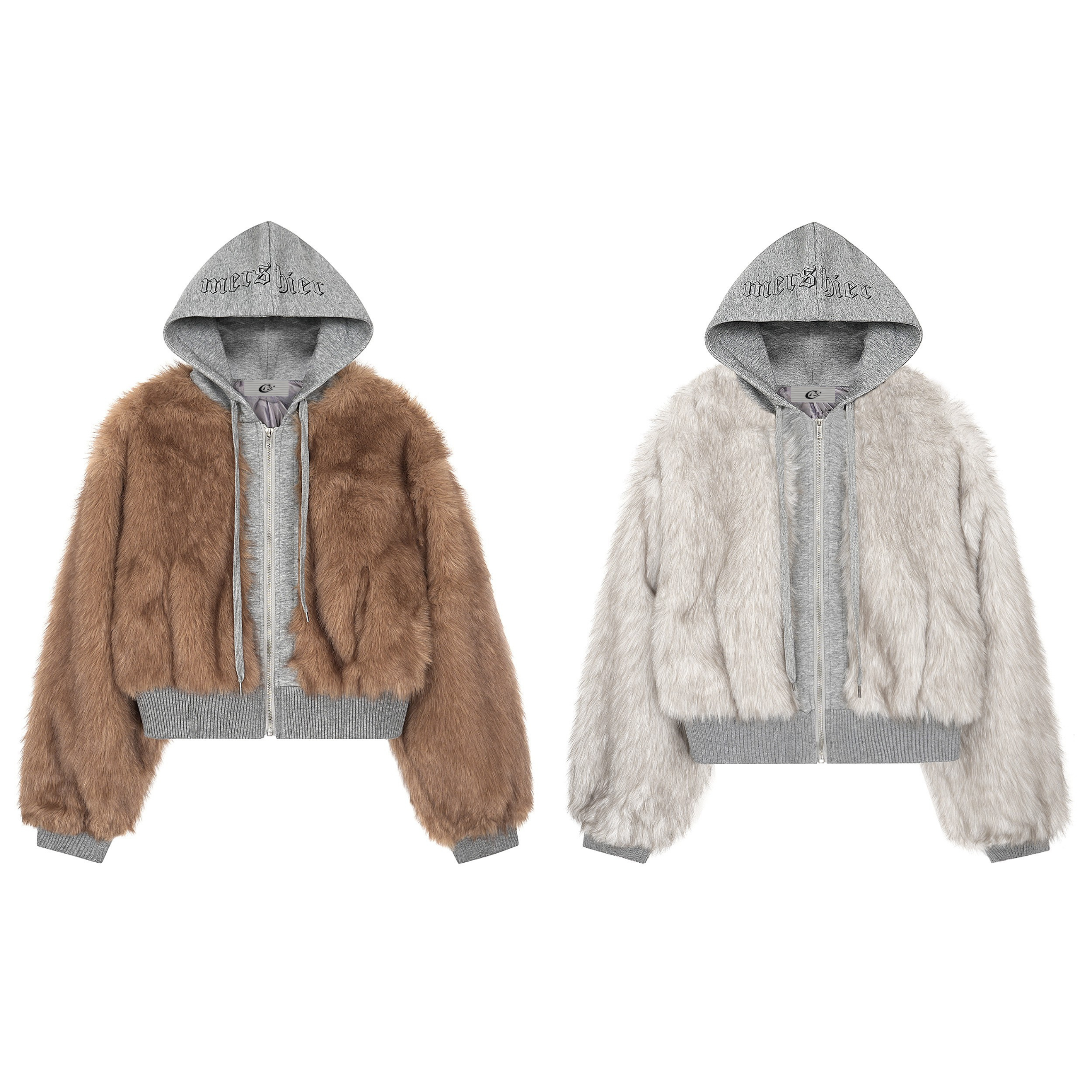Cropped faux fur hooded bomber jacket in caramel brown with grey ribbed trims, embroidered hood, and full-zip front