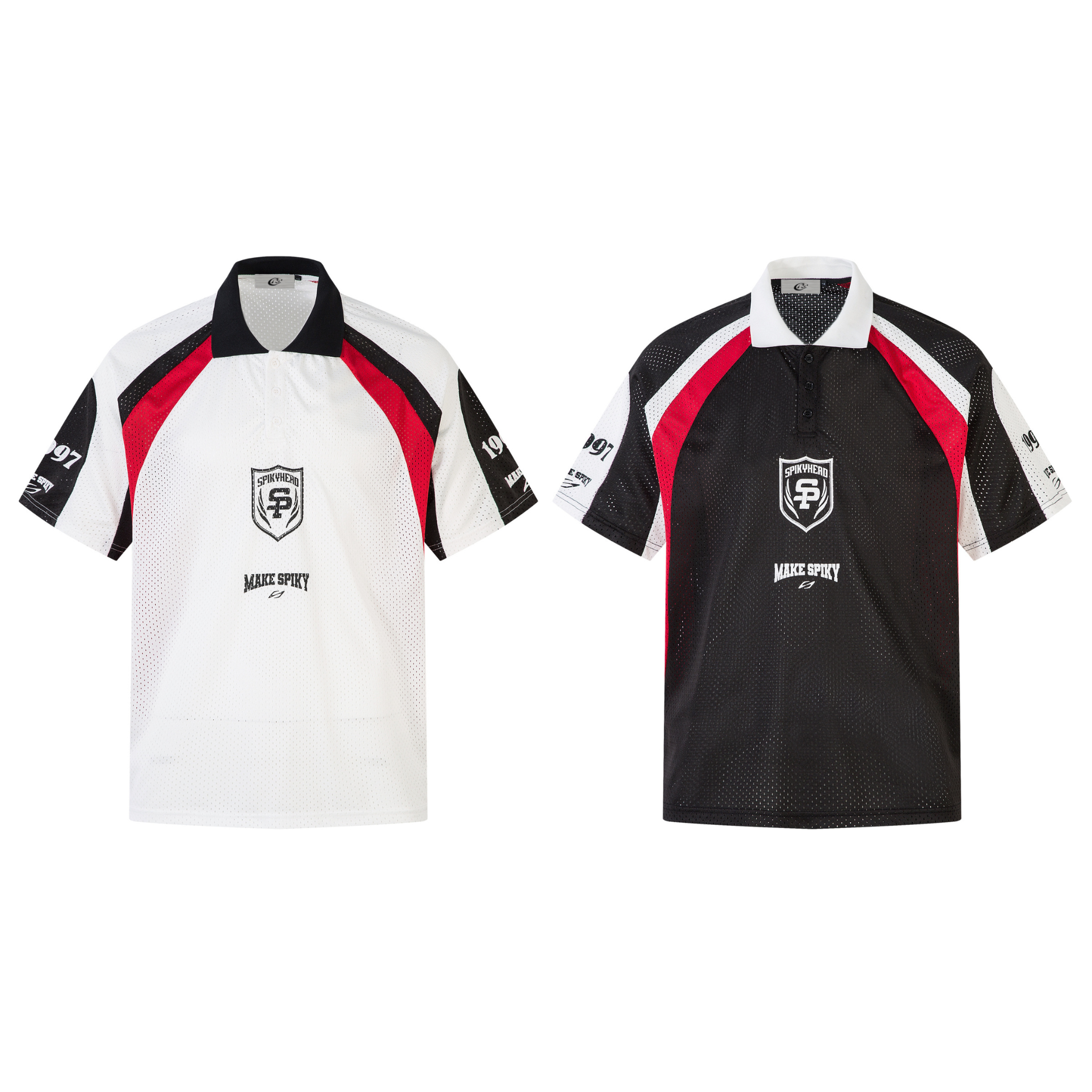 Spikyhead colorblock mesh polo shirts in white and black with red contrast panels and SP chest crest graphic