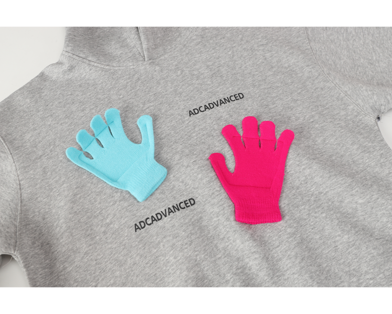 Close-up of light gray hoodie front with blue and pink glove patches