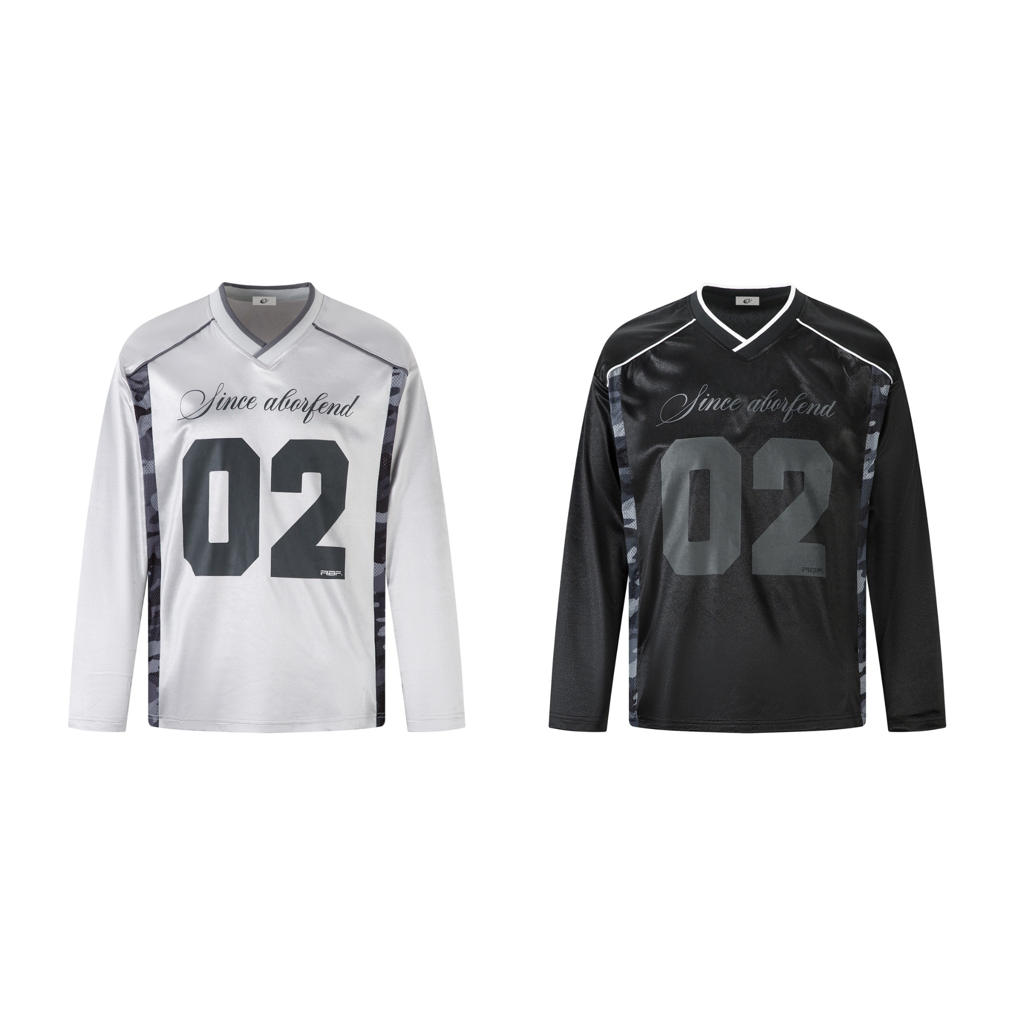 White and black Since 02 V-neck long sleeve jersey tops with bold number graphic and camo side panels