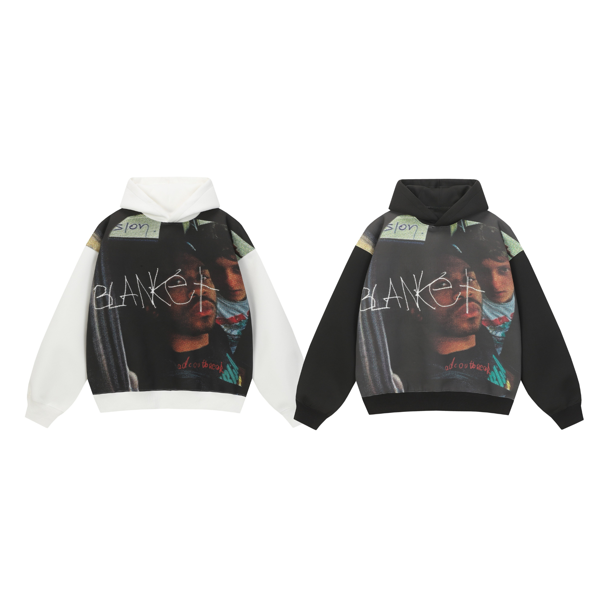 Omirad Graphic Panel Hoodie in white and black colorways showing oversized halftone photo print and contrast sleeves