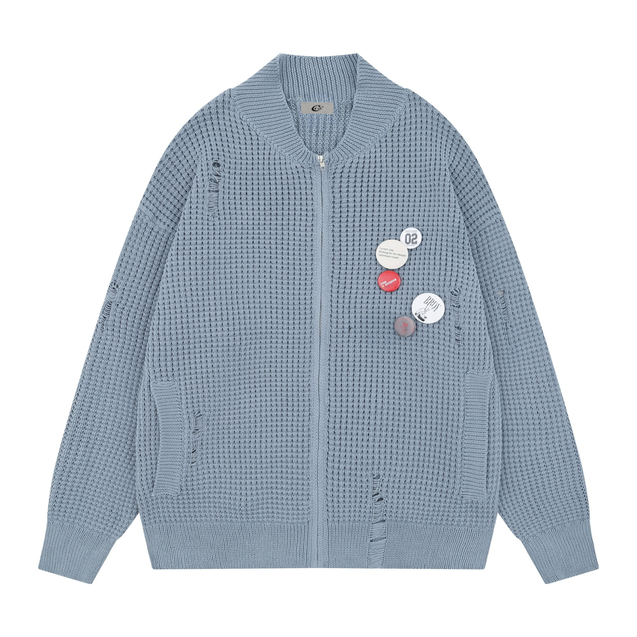 Omirad Waffle Knit Badge Zip Cardigan | Distressed Street Jacket