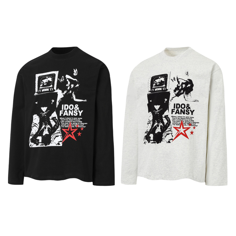 Long-sleeve tee with front graphic collage print shown in black and heather gray