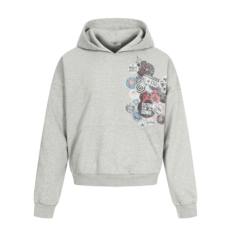 Light gray hoodie front view with retro badge collage graphic on the left chest