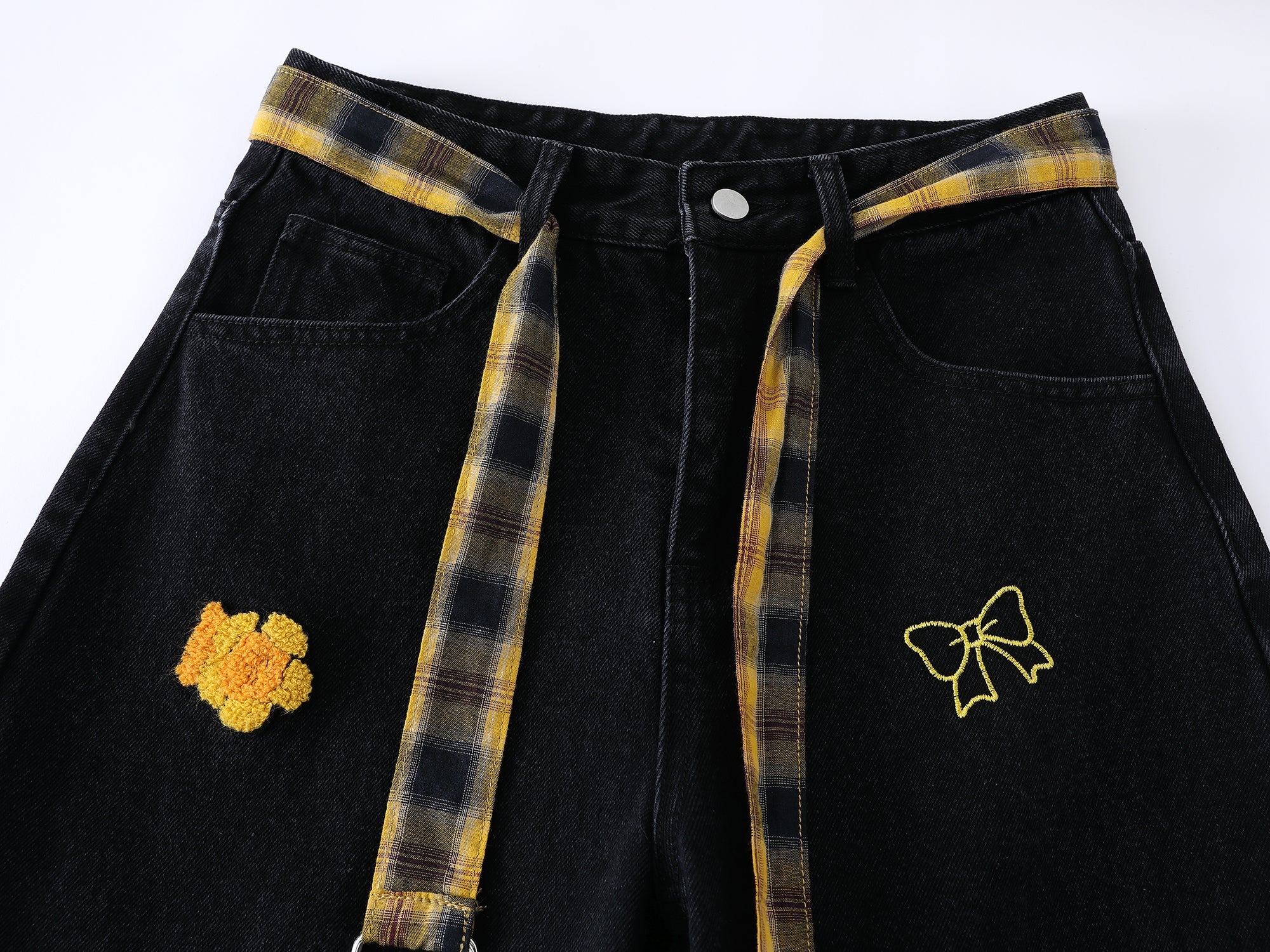 Embroidered Wide-Leg Jeans with Detachable Plaid Belt