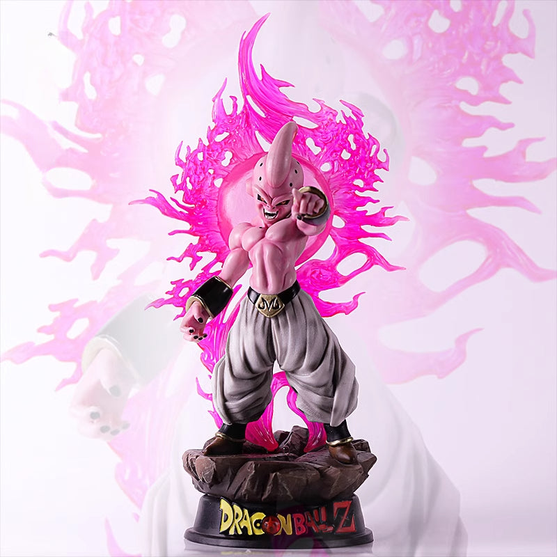 The 37cm Majin Buu Collectible Figure by Seakoff features the pink, muscular character in white pants and a black belt with a glowing pink aura behind him. Displayed on a base labeled &quot;Dragon Ball Z,&quot; this dynamic pose makes it a prized collectible for fans.