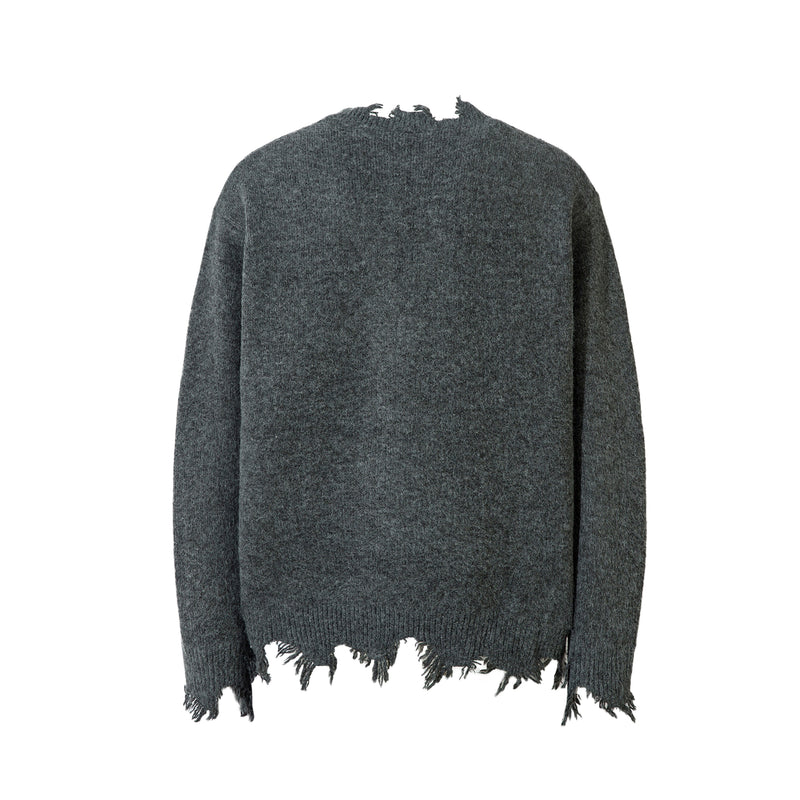 Back view of dark gray knit sweater with distressed neckline and hem