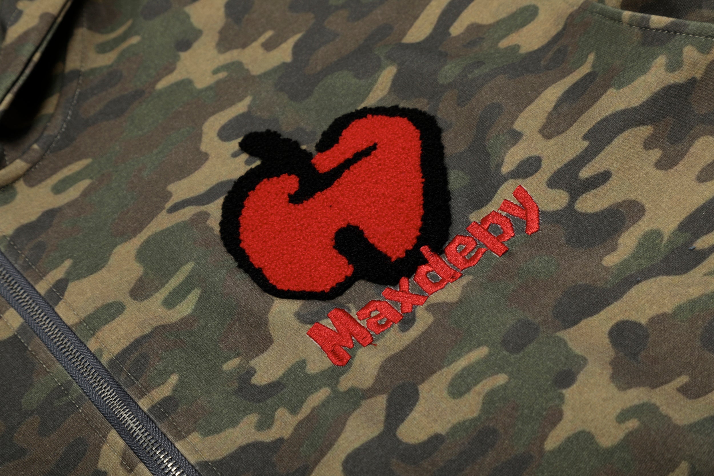 Camo Chenille Patch Half-Zip Hoodie | Streetwear Varsity