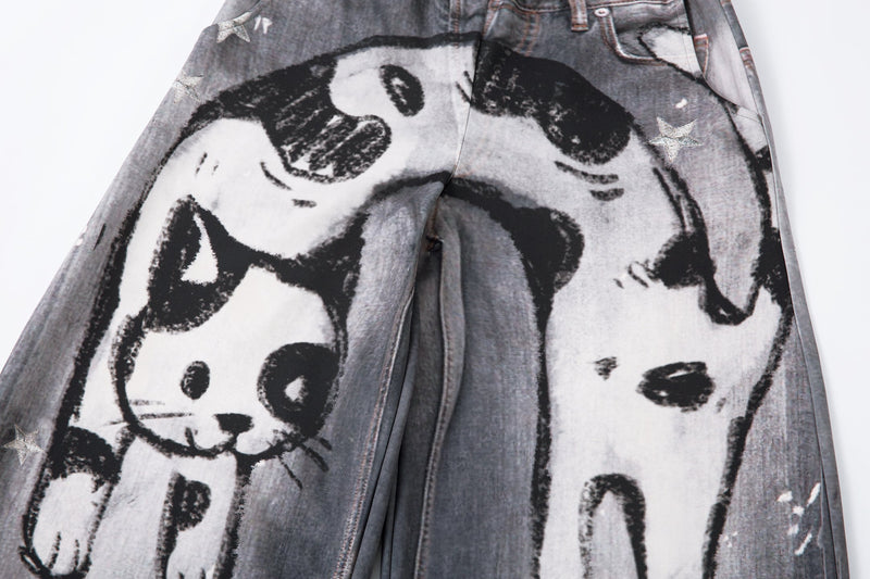 Cat Print Barrel Leg Jeans | Washed Grey Street Art Denim