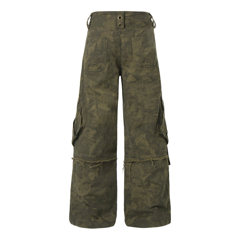 Olive green distressed camo cargo pants back view with wide legs
