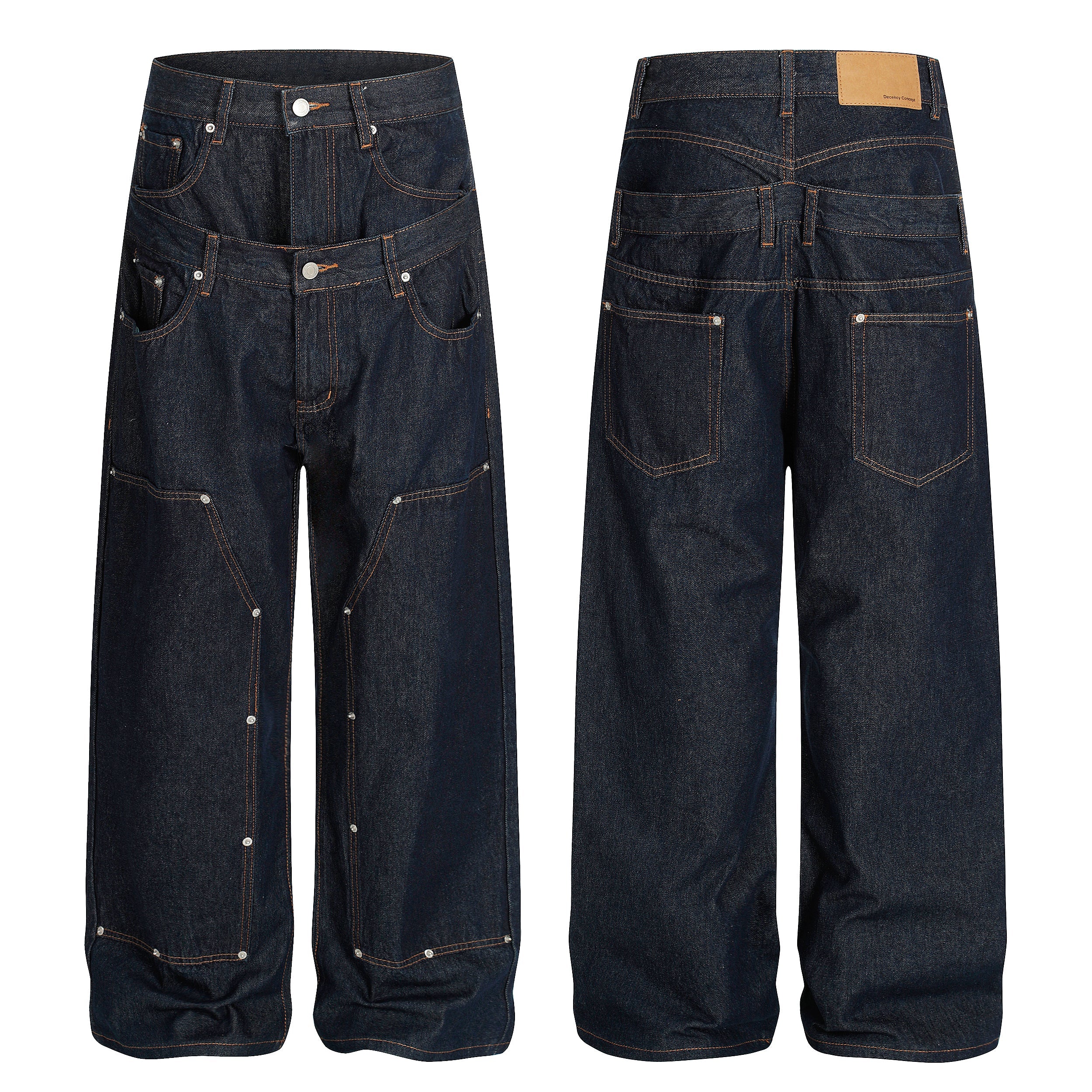 Front and back view of dark indigo double-waist wide-leg workwear jeans with contrast stitching and metal rivets