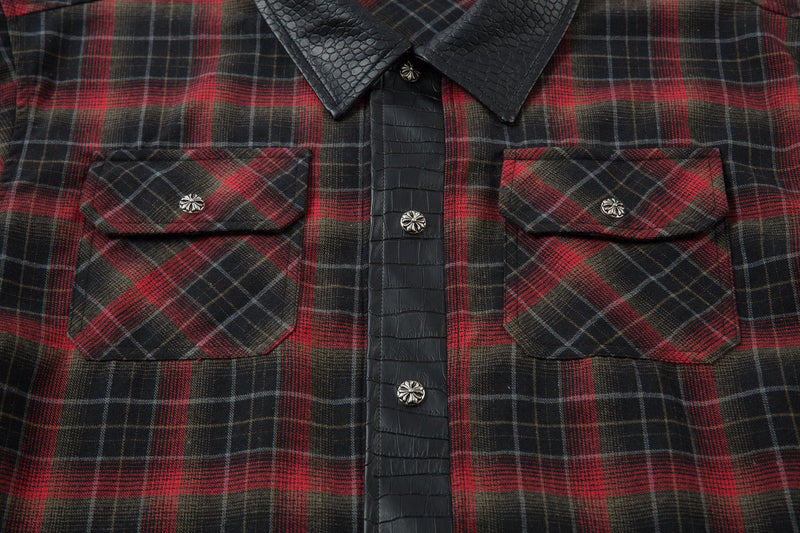 Front chest close-up showing flap pockets, faux-leather placket, and snap buttons