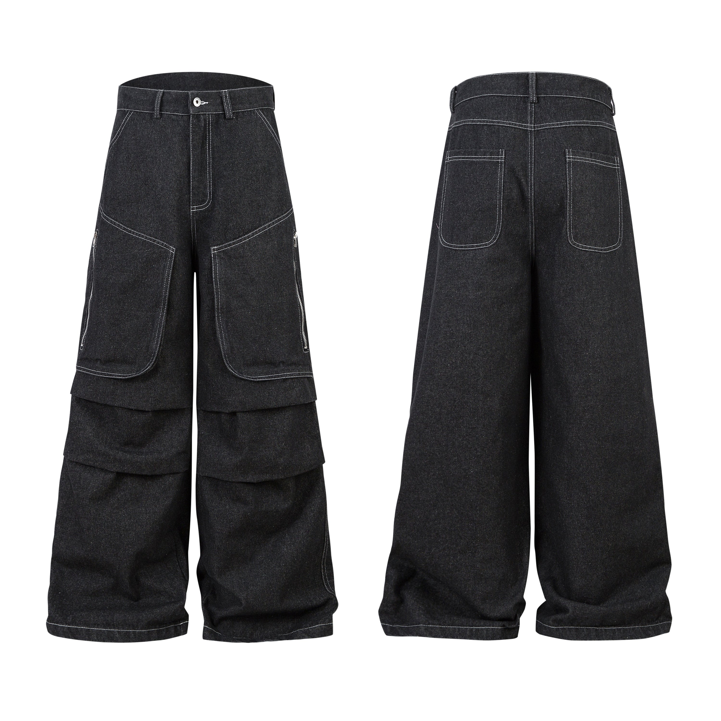 Front and back view of black wide-leg cargo jeans with white contrast stitching and layered cargo pockets