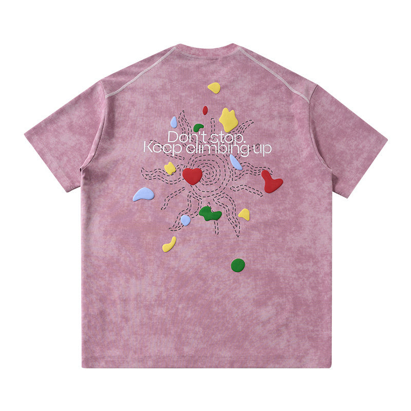 Vintage pink graphic tee with Keep Climbing slogan and colorful heart accents on the back