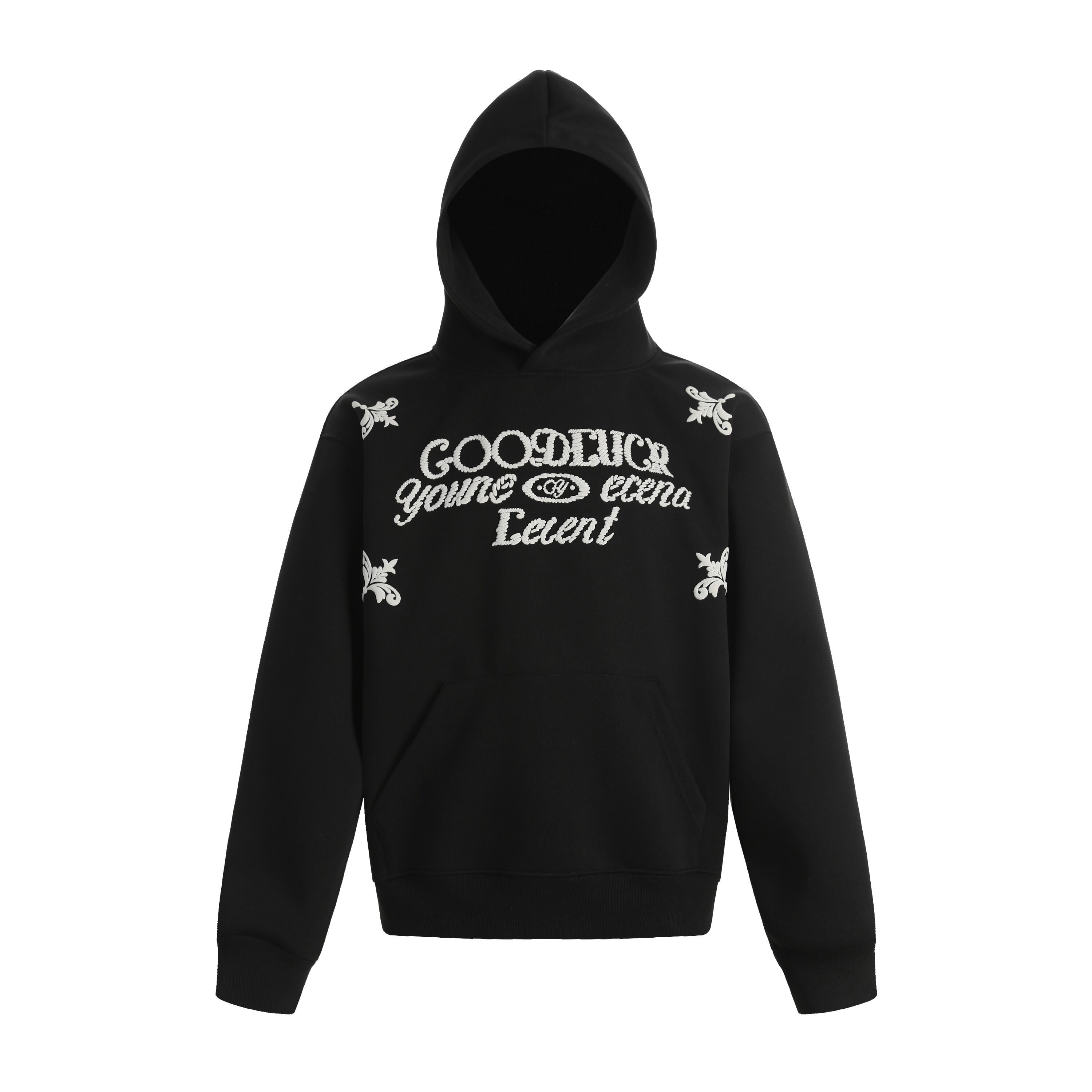 Black fleece hoodie with cream embroidered script lettering and decorative floral accents on chest and shoulders