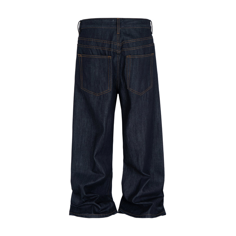 Back view of dark denim jeans with patch pockets and contrast topstitching