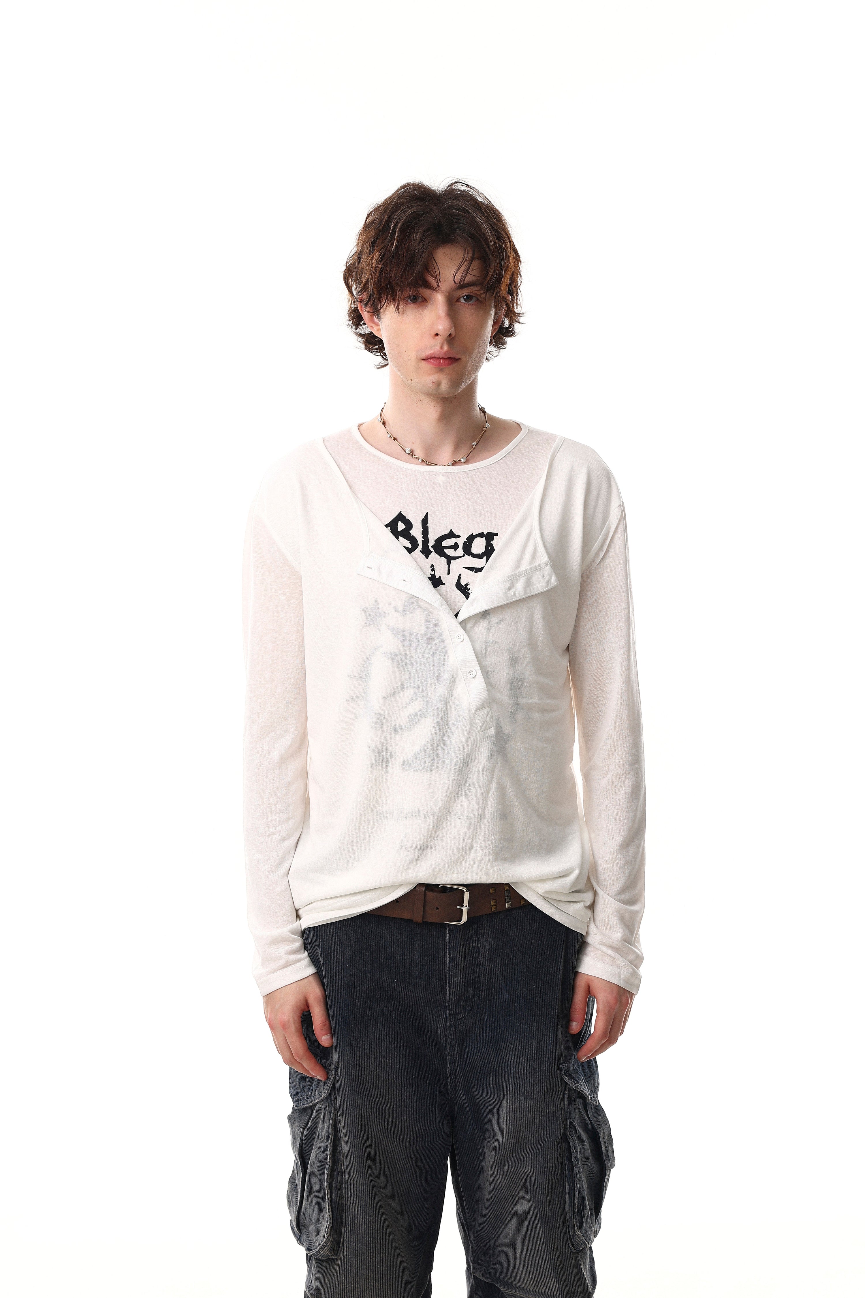 Graphic Long Sleeve Henley Tee | Faded Print Cotton Shirt