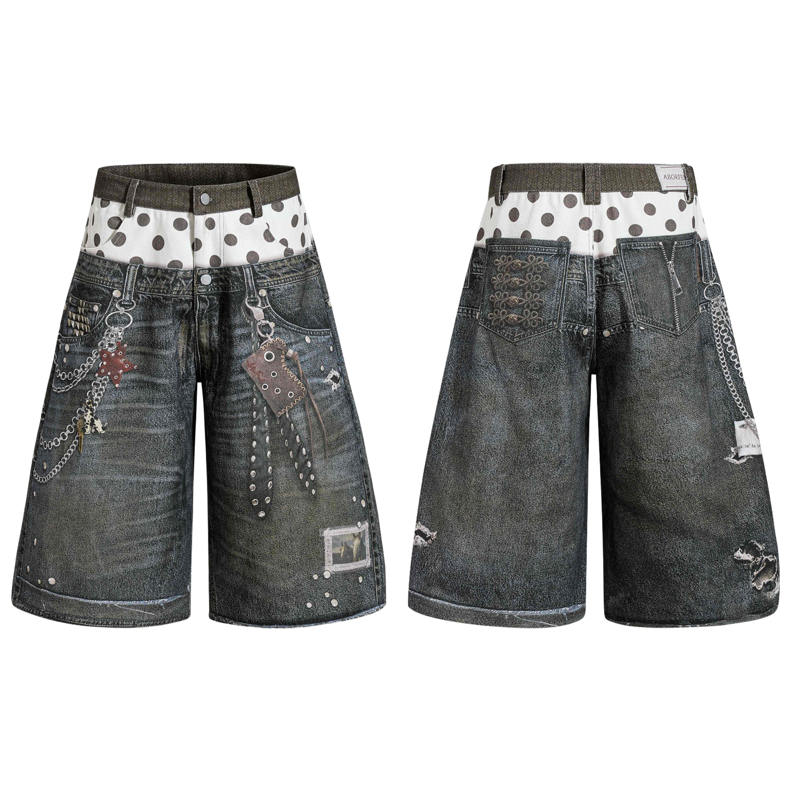 Front view of wide-leg punk denim jorts with polka-dot waistband, decorative chains, rivets, and vintage wash finish