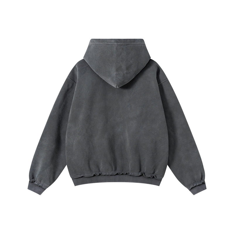Gray vintage wash zip hoodie shown from the back