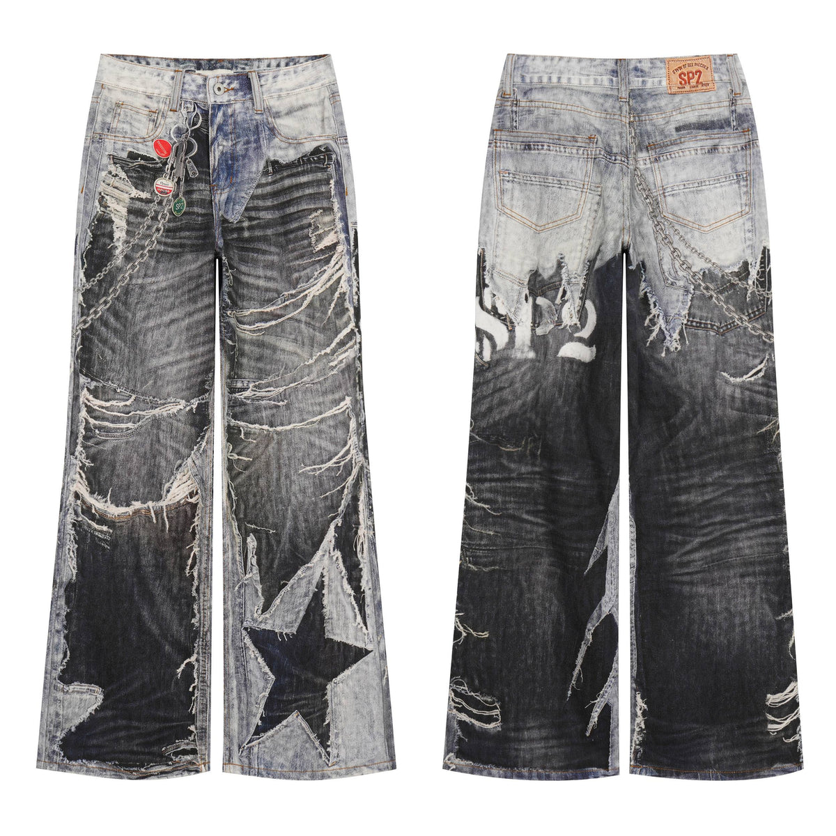 Wide Leg Dark Wash Jeans | Y2K Distressed Patchwork – Seakoff