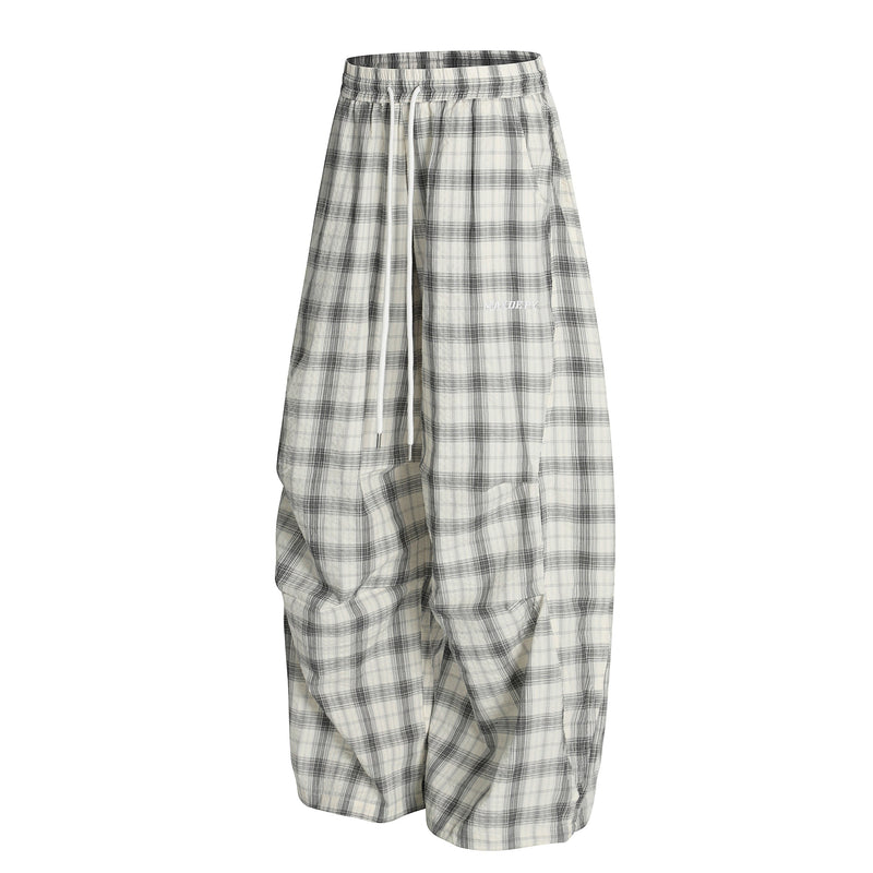 Ruched Plaid Wide-Leg Pants | Oversized Streetwear Bottoms