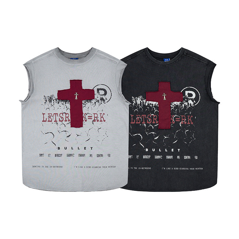 Washed grey and black sleeveless t-shirts with red cross patch appliqué and distressed punk graphic print