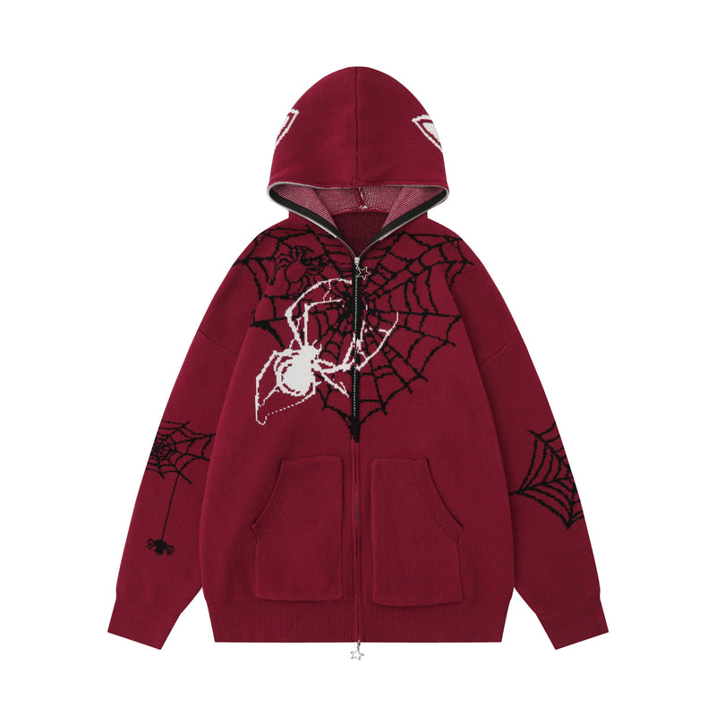 Burgundy knit zip hoodie front view with hood up, white hood accents, and star zipper pull