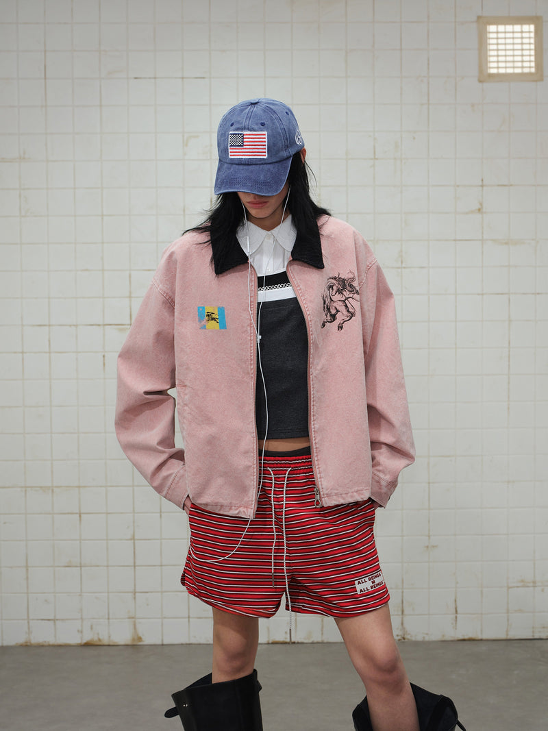 Omirad Washed Zip-Up Jacket | Corduroy Collar Streetwear