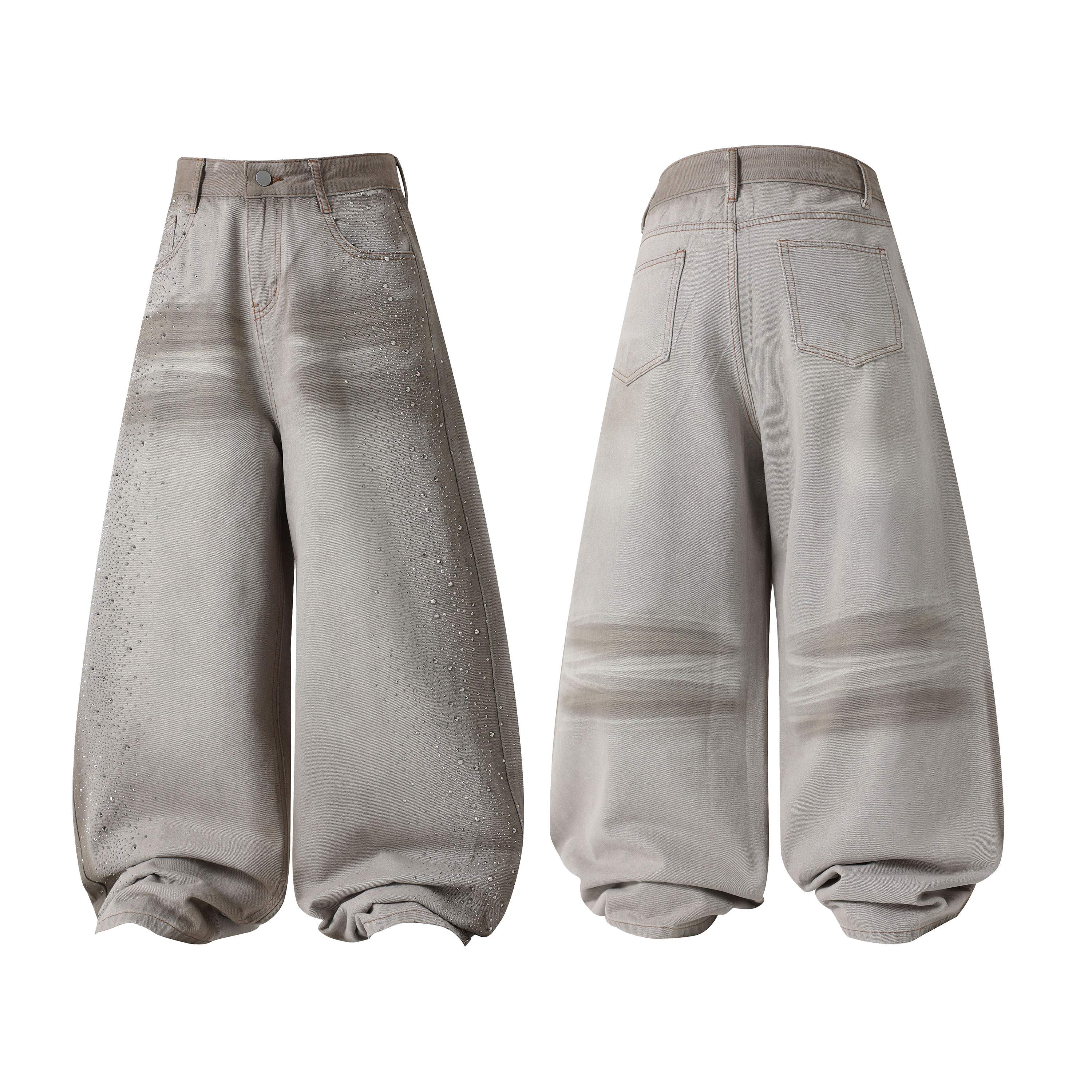 Front and back view of grey washed balloon fit denim pants with rhinestone embellishments and tapered hem