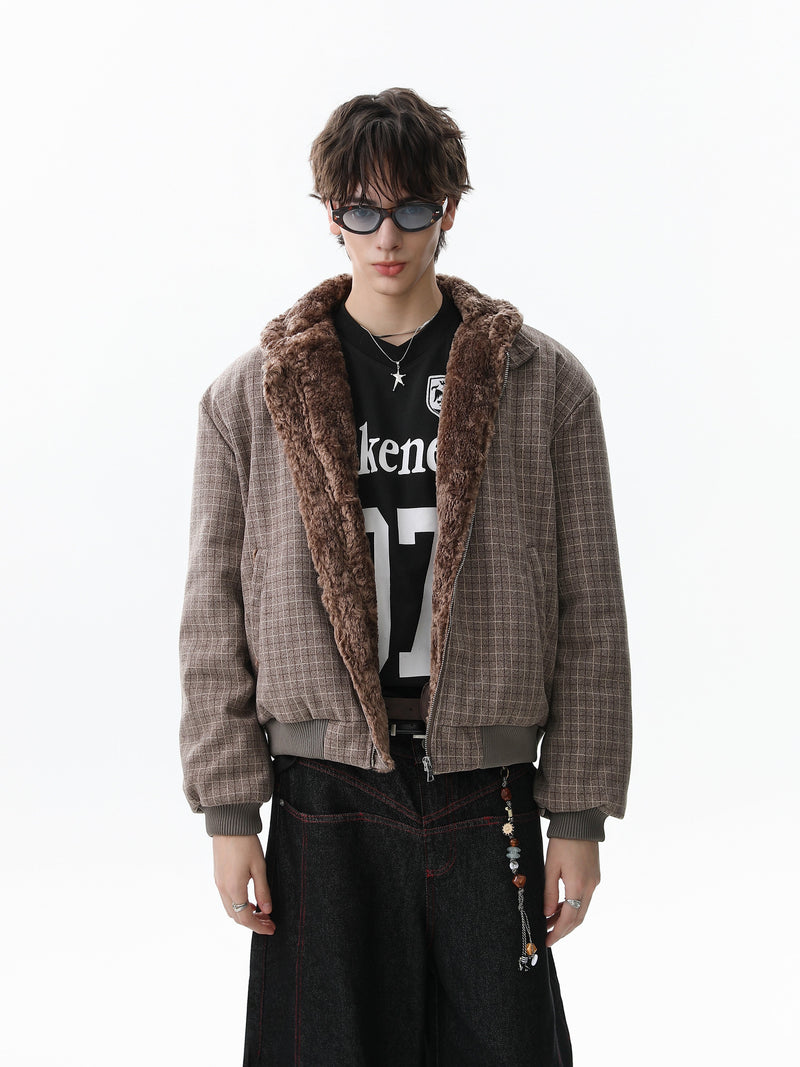 Check Pattern Faux Fur Collar Bomber Jacket | Omirad