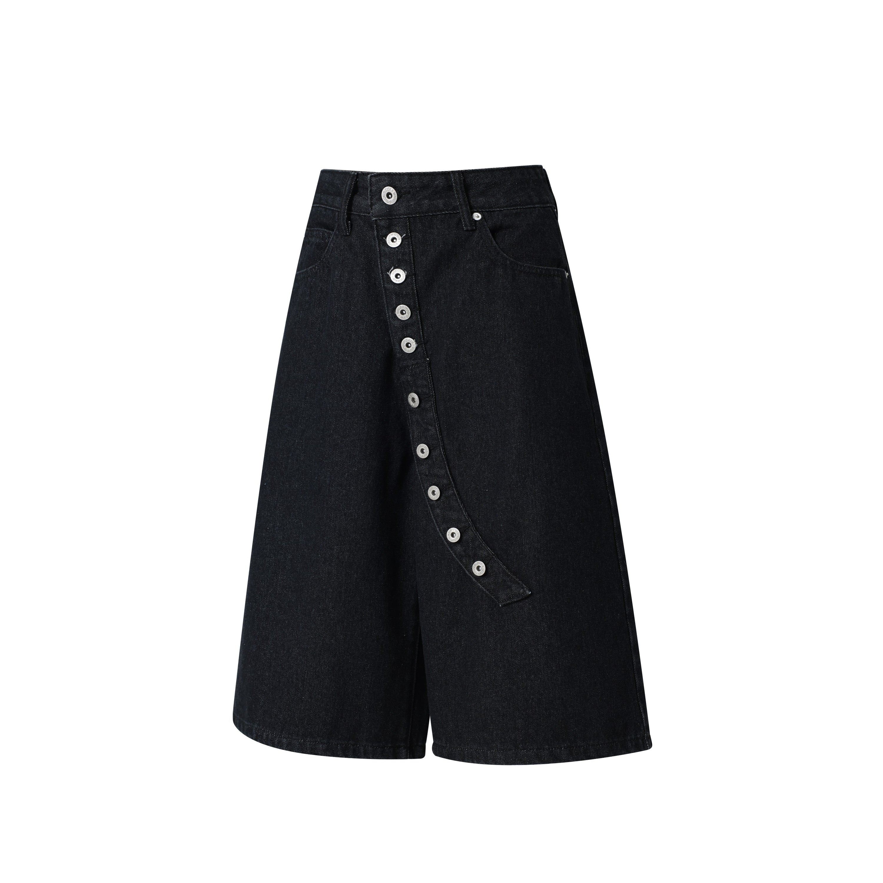 Omirad black wide-leg denim shorts with curved silver snap button front panel, front view
