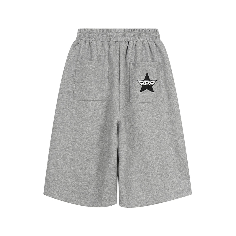 Gray heathered cargo sweat shorts back view with patch pockets and star graphic