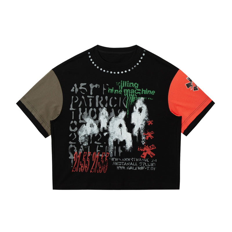 Black graphic patchwork crop tee with studded neckline, olive and red sleeves, and edgy distressed streetwear print