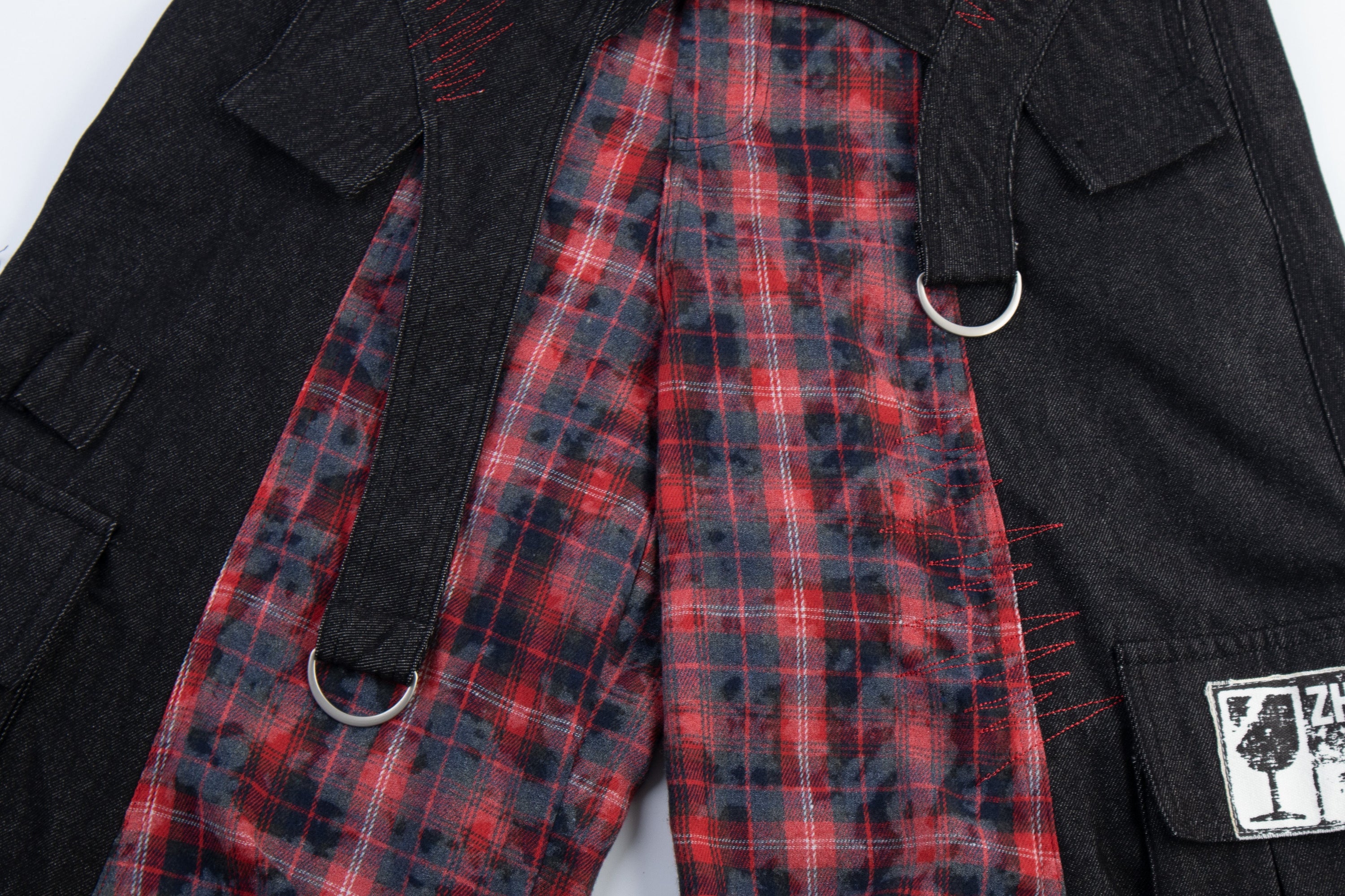 Punk Layered Plaid Panel Wide-Leg Cargo Pants | SEAKOFF