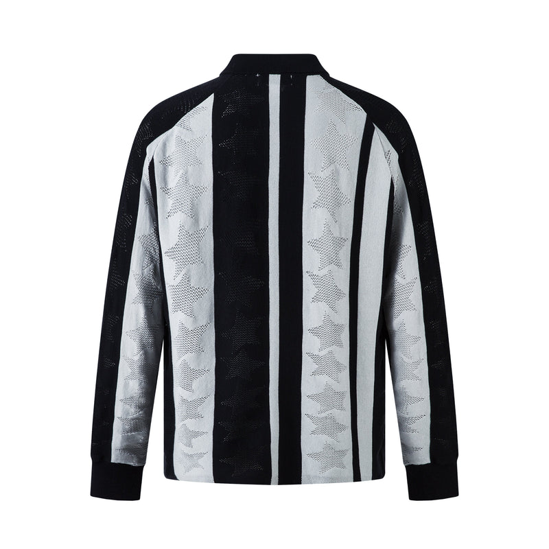Back view of a black and gray striped long sleeve knit polo shirt with star jacquard texture