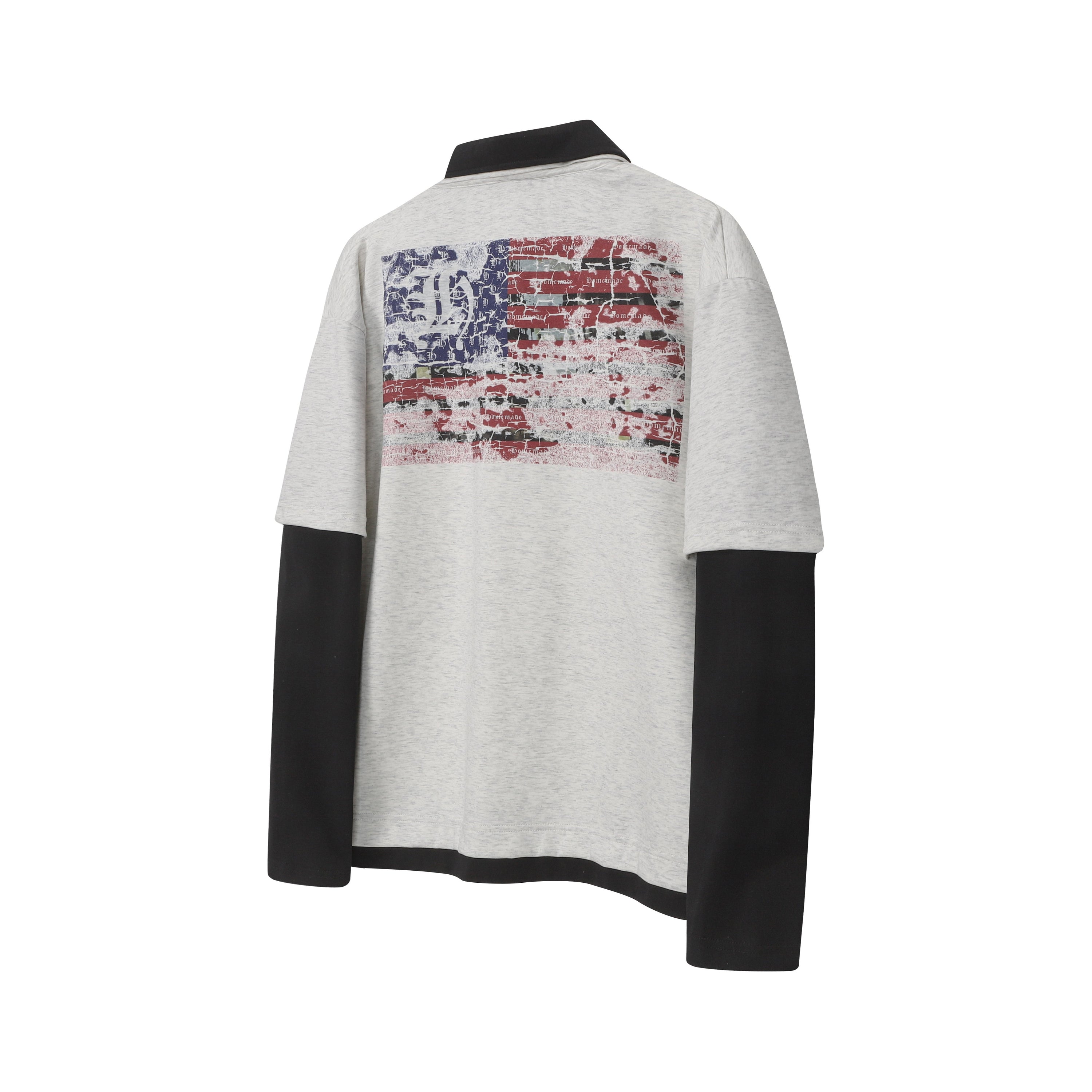 Back view of heather grey layered polo long sleeve tee with distressed American flag graphic print and black contrast sleeves