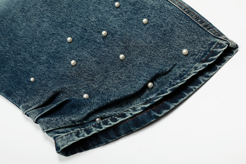 Pearl-Stud Barrel Jeans | Vintage Wash Wide-Leg Denim