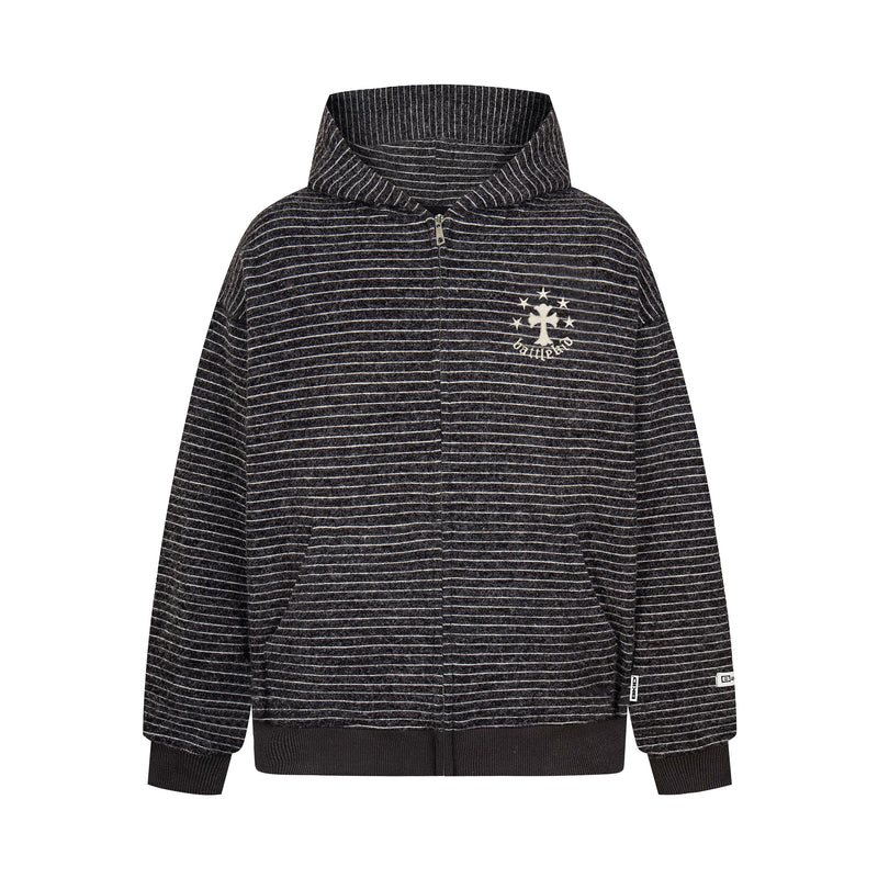 Front view of black striped knit zip hoodie with small chest logo and ribbed hem