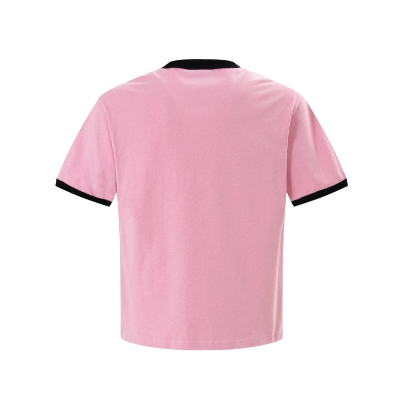 Pink ringer tee with black collar and sleeve trim, shown from the back on a clean white background