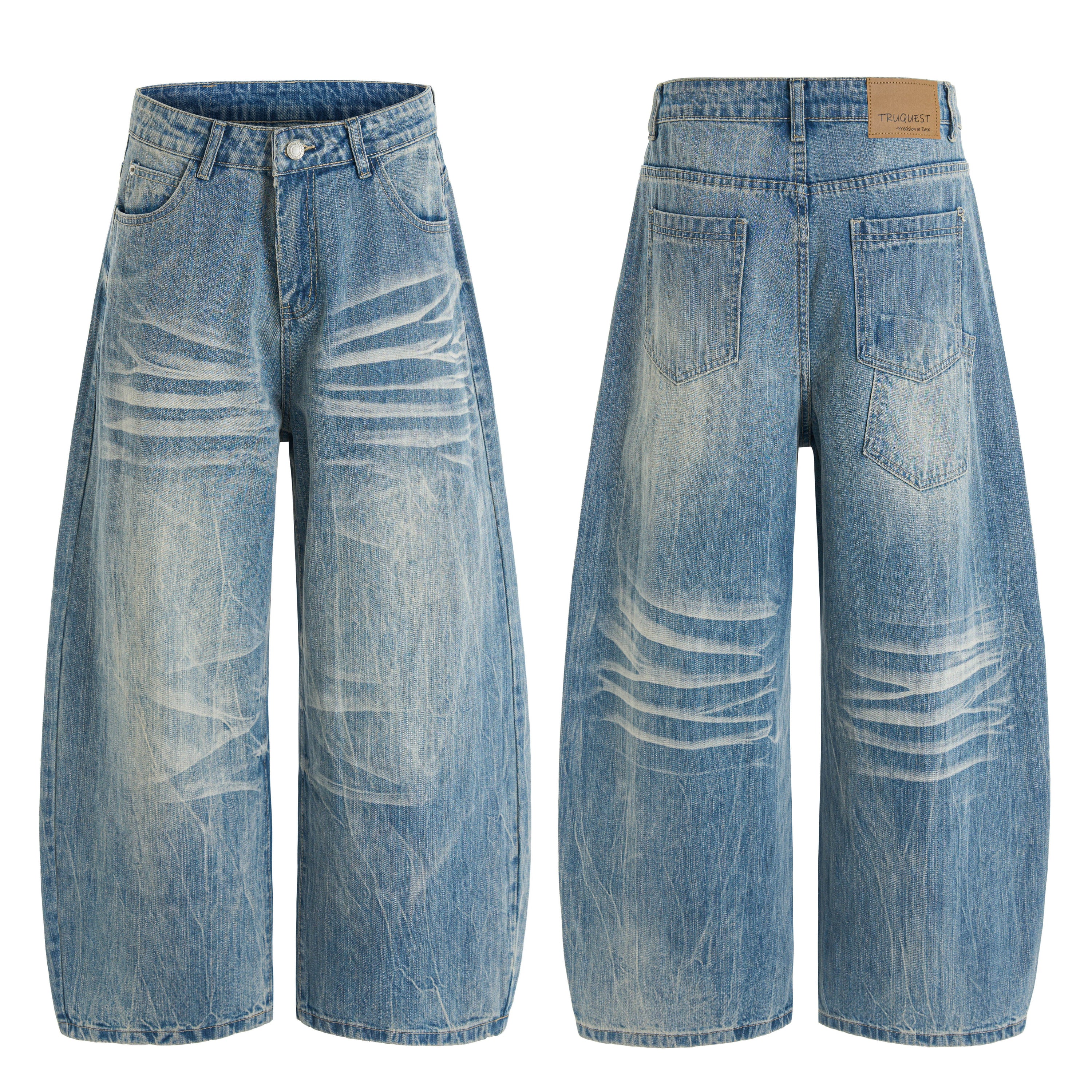 Front and back view of heavy washed wide-leg blue denim jeans with whisker detailing and layered fade effects