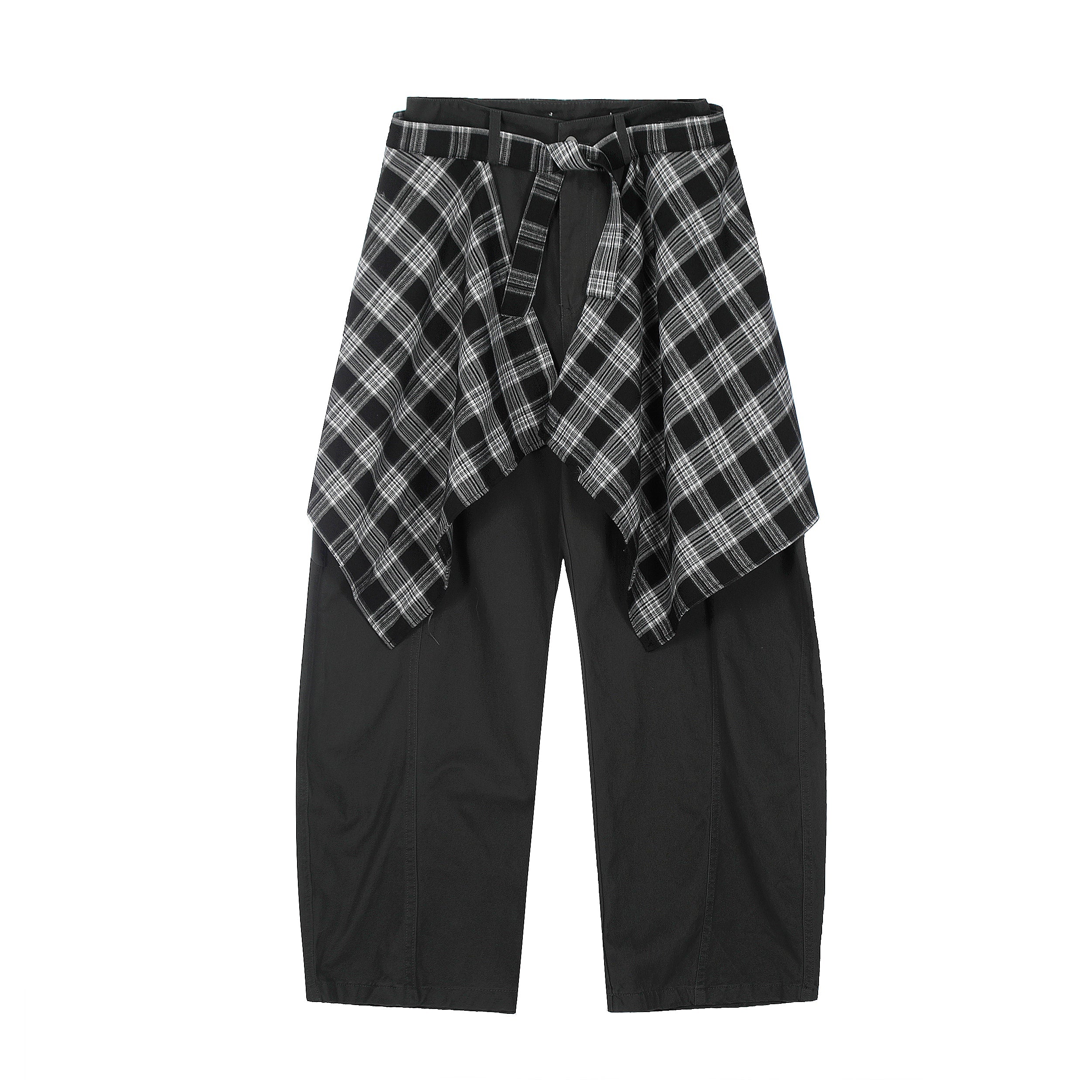 Front view of black wide-leg pants with draped black and white plaid flannel overlay and adjustable waist tie
