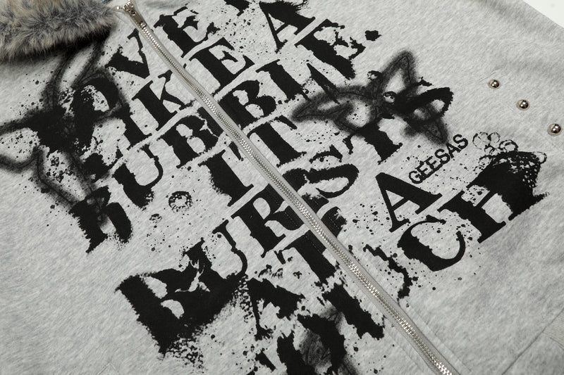 Close-up of light gray zip hoodie front with distressed graffiti text and faux-fur collar
