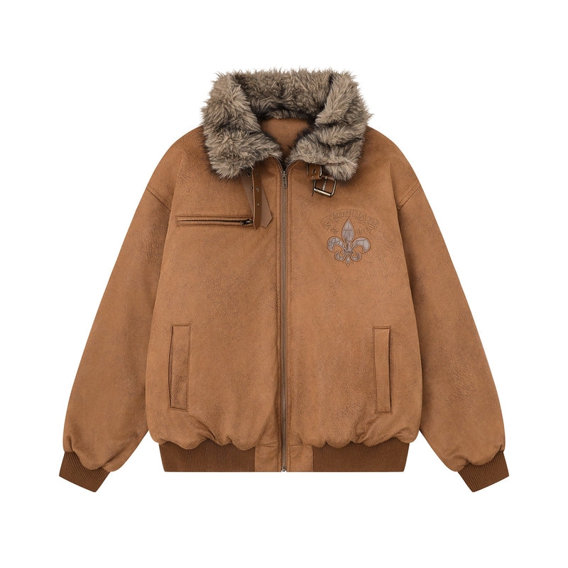 Fur-Collar Buckle Bomber Jacket | Suede-Look Winter Coat
