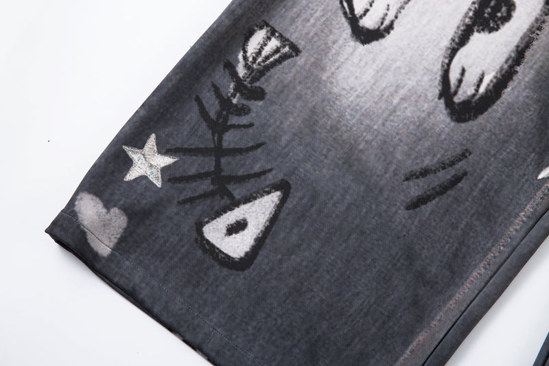 Cat Print Barrel Leg Jeans | Washed Grey Street Art Denim
