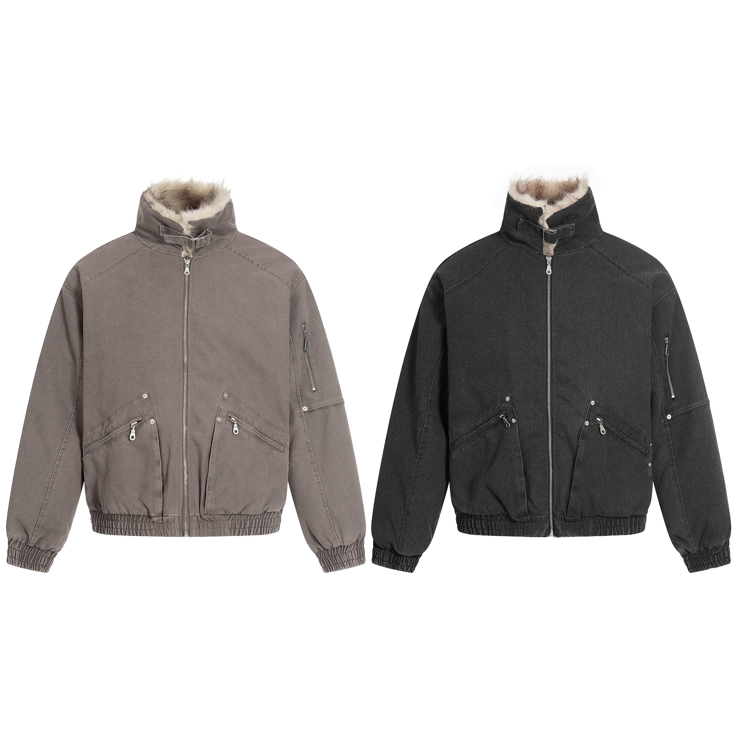 Omirad fleece-lined utility bomber jacket in washed grey with faux-fur collar and multi-zip pockets, front view