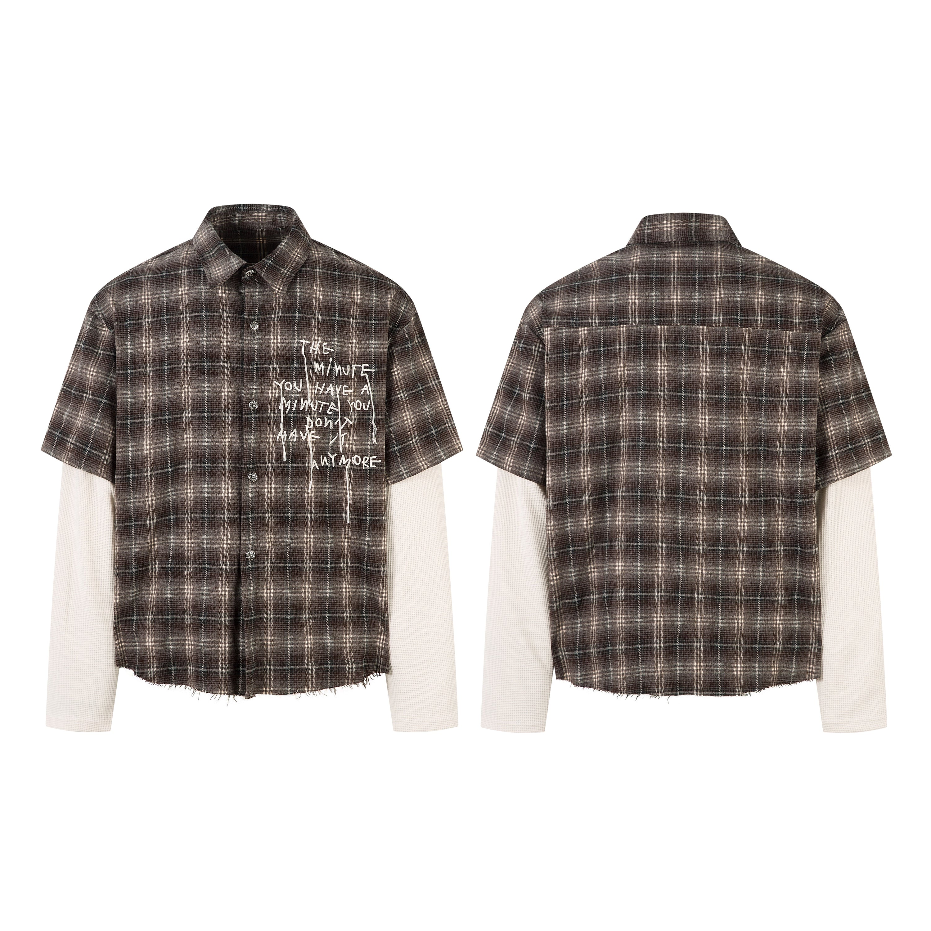 Front and back view of a dark brown plaid layered shirt with cream waffle-knit sleeves, raw fringe hem, and embroidered text