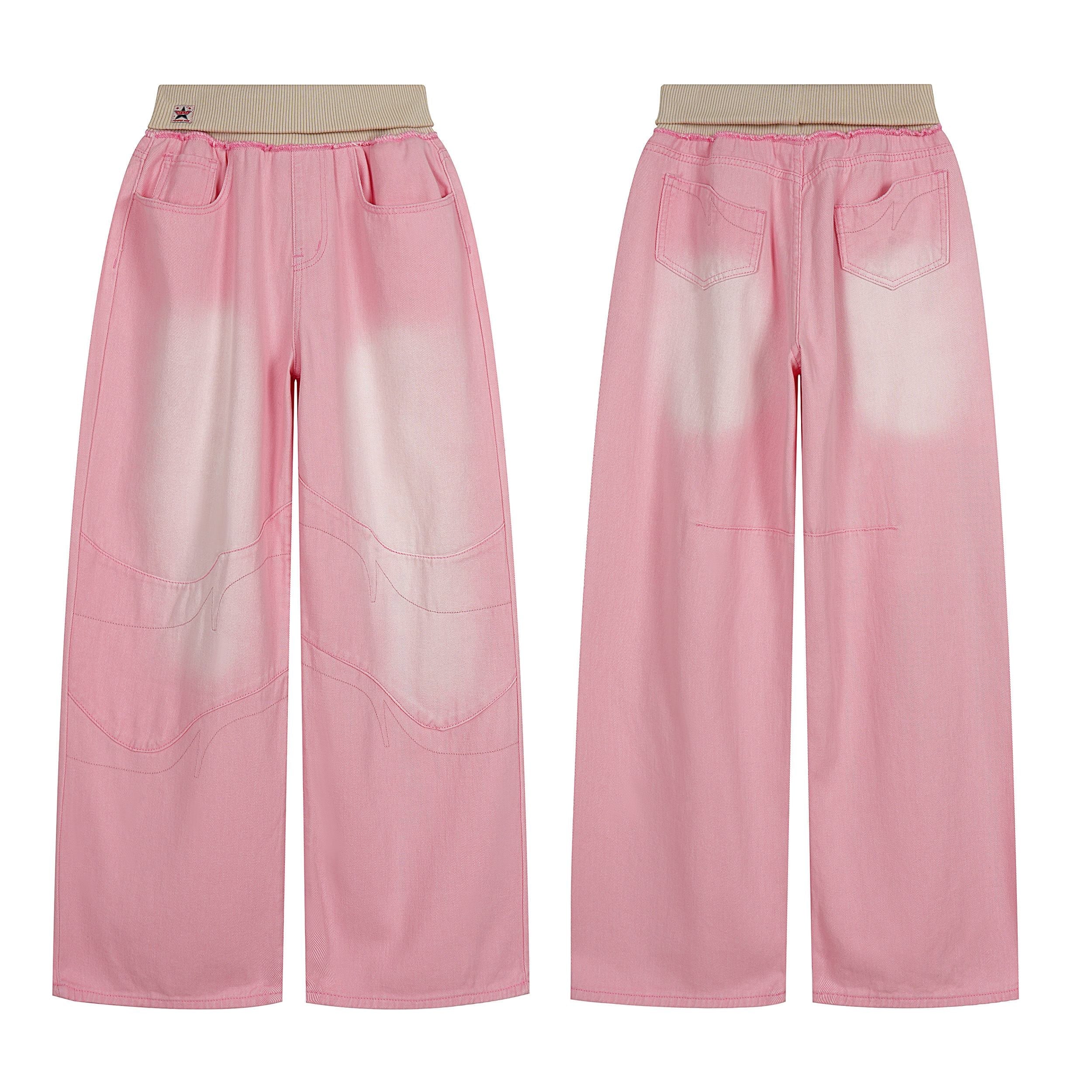 Front view of pink washed wide-leg jeans with contrast faded panels, curved seam detailing, and ribbed beige elastic waistban