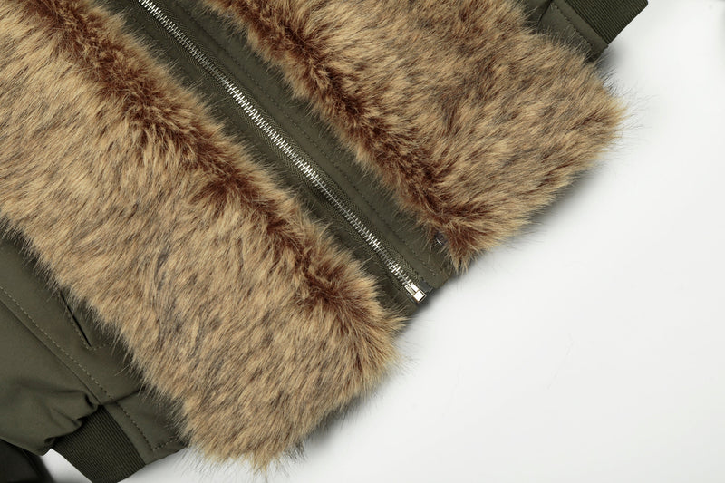 Detachable Faux Fur Scarf Bomber Jacket | Olive & Black