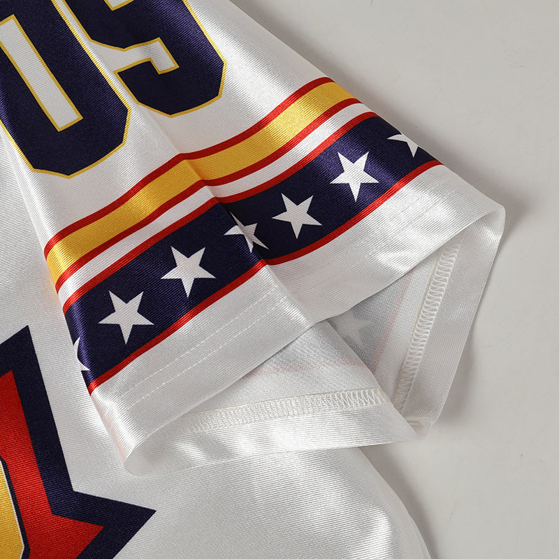 Americana street jersey sleeve with varsity number, stars, and red gold striped trim on white fabric